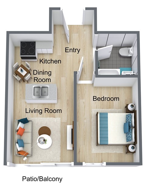 Floor plan for 1 bed, 1 bath, 650 sqft